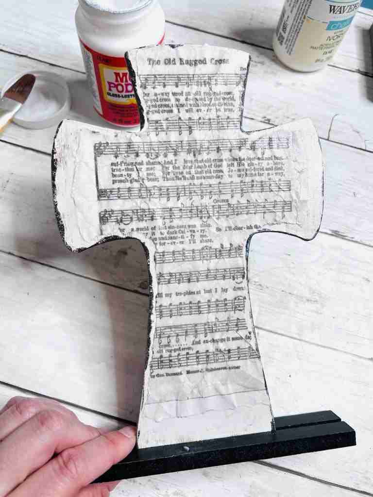 copy of hymn torn to fit cross and attached with Mod Podge