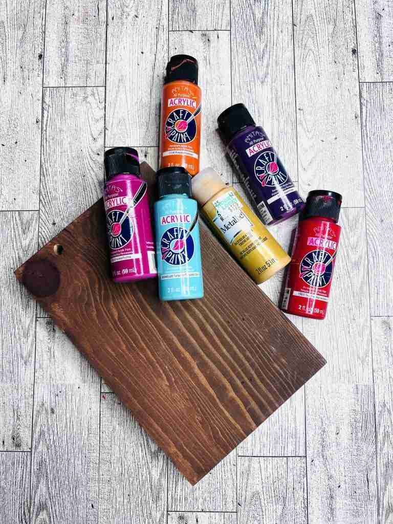 stained wood and paint colors, light turquoise, fuchsia, violet, true red, pumpkin, and metallic gold