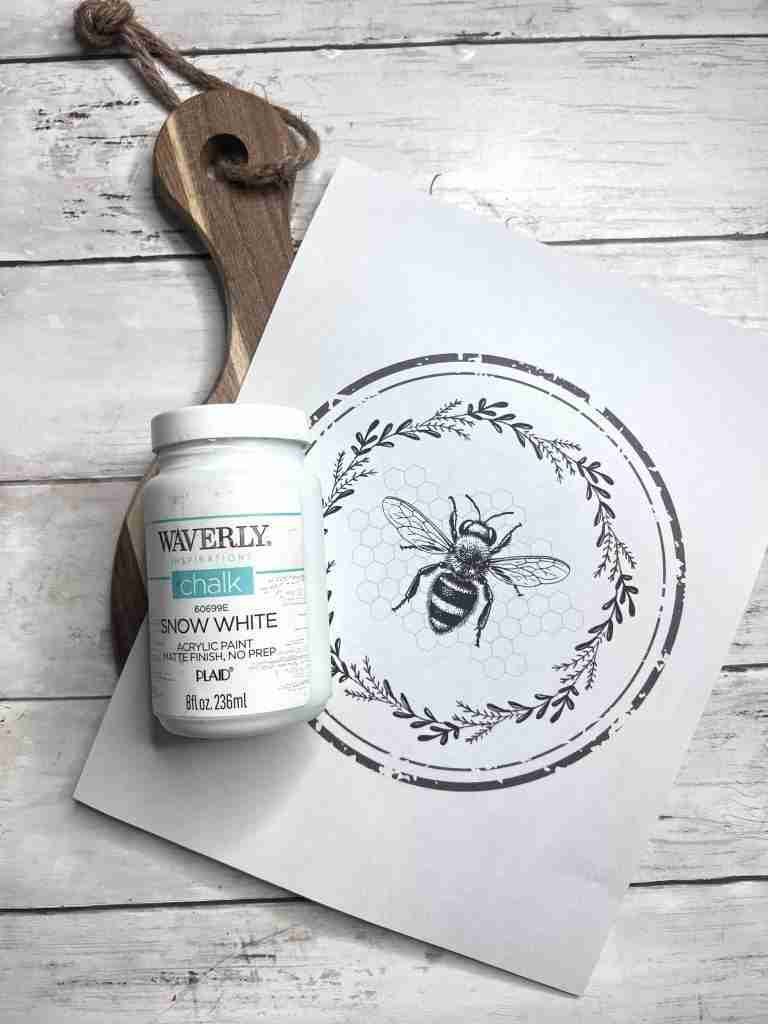 Hobby Lobby cutting board, white chalk paint, and honey bee printable