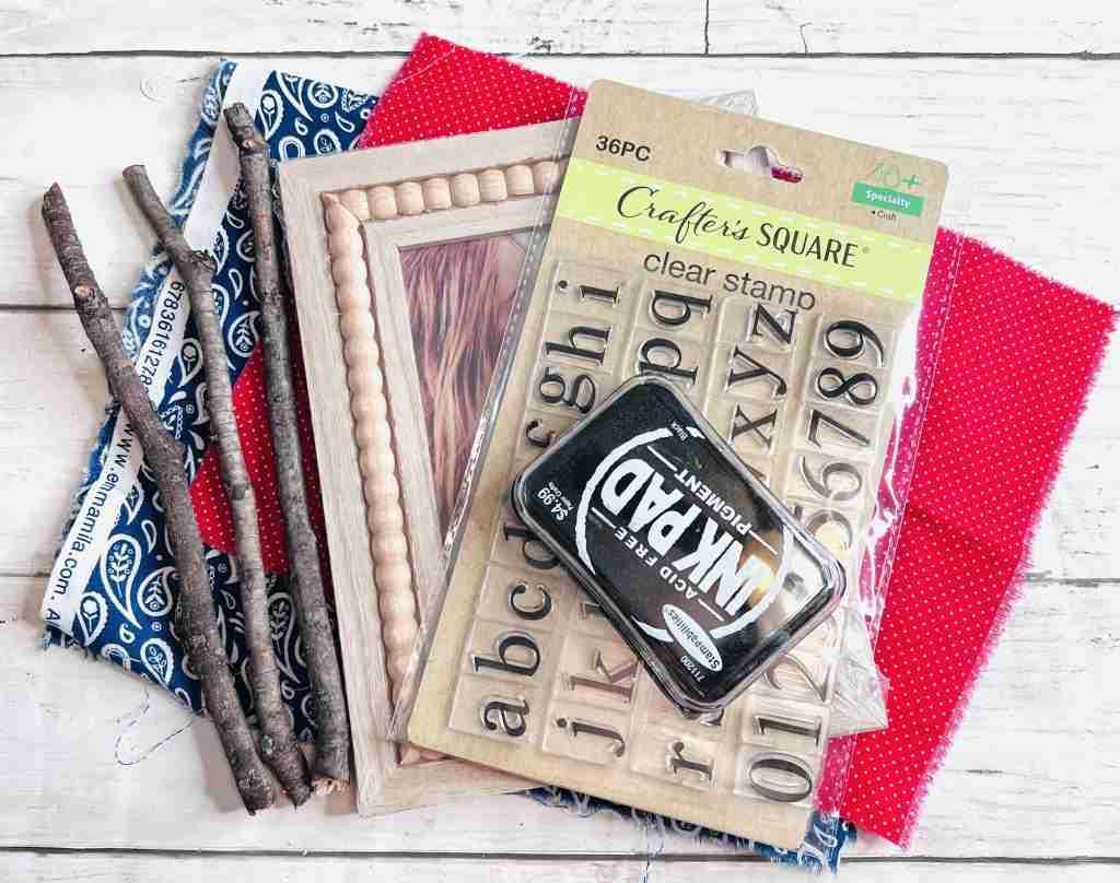material, sticks from back yard, Dollar Tree stamps, ink pad