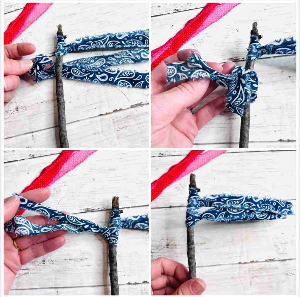 attaching material strips to stick using slip knot