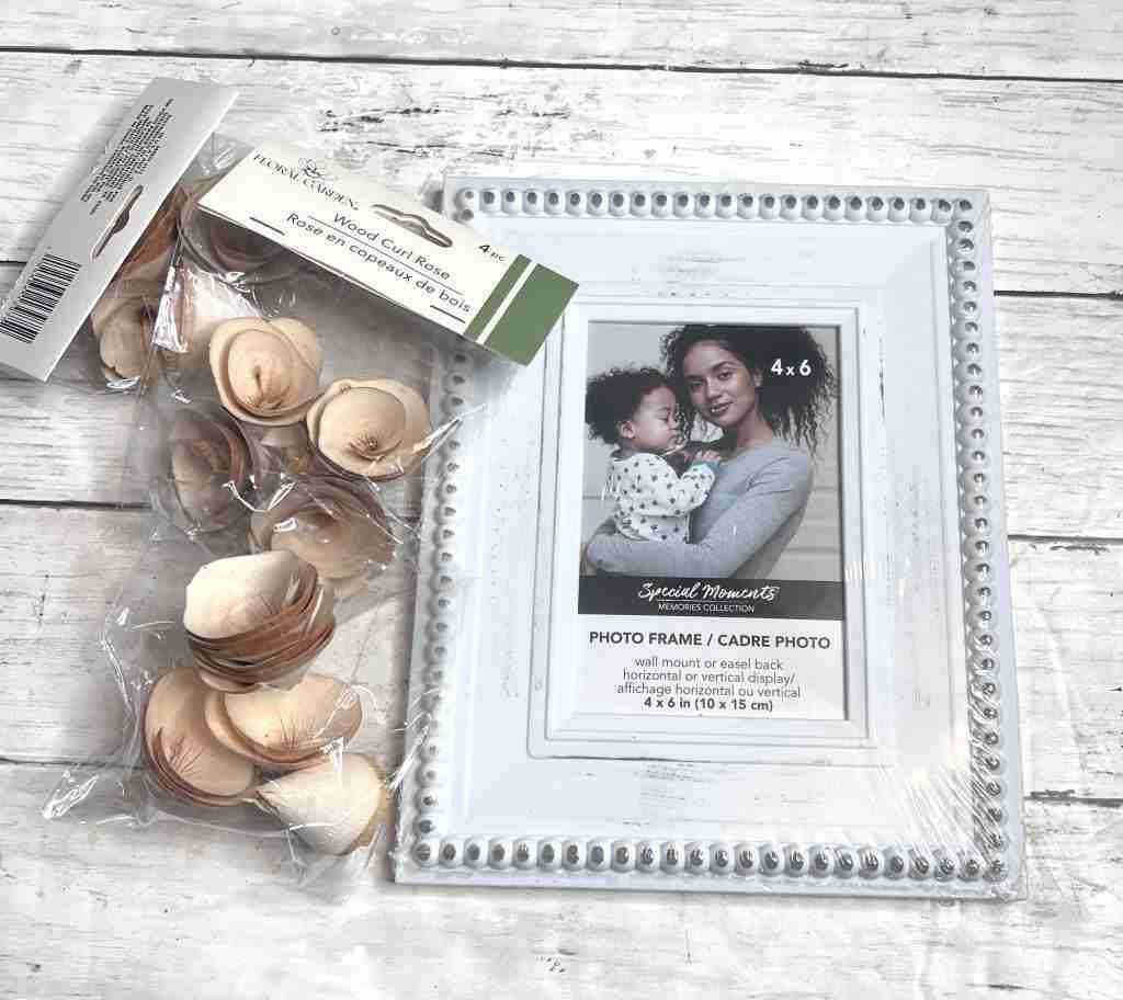 Dollar Tree plastic frame and wood curl roses