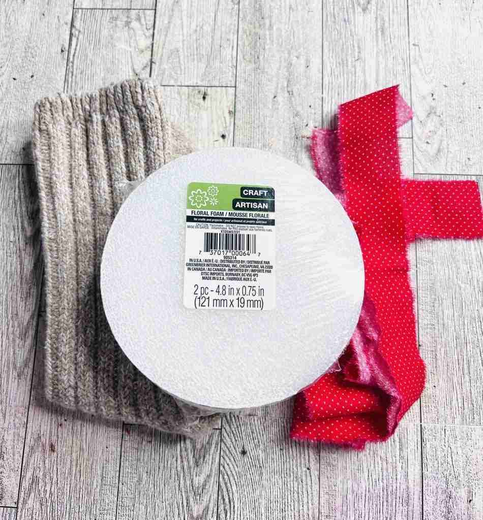 Dollar Tree foam discs, sock, and material strip