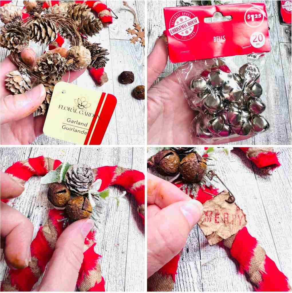 Dollar Tree mini pine cones and silver bells