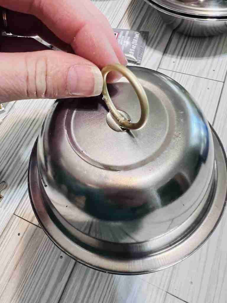Attaching a window curtain ring to the top of metal bowl with E-6000 glue