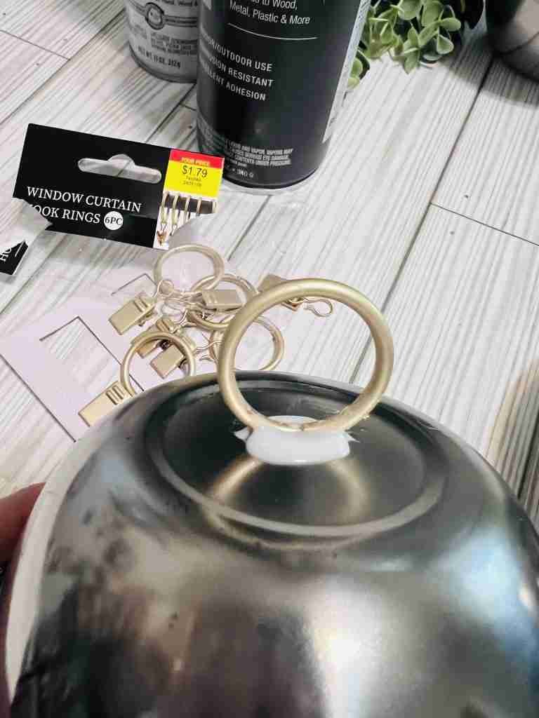 Attaching a window curtain ring to the top of metal bowl with E-6000 glue
