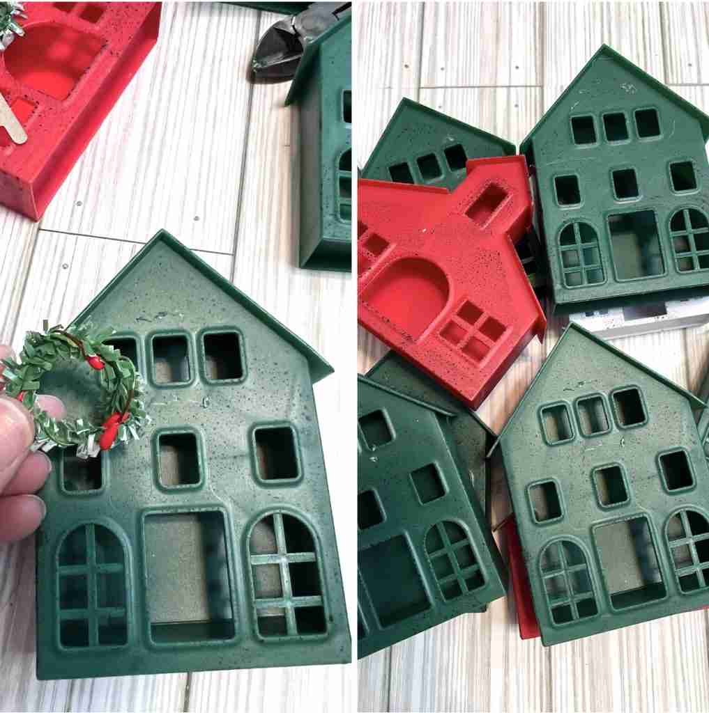 Dollar Tree plastic house ornaments with greenery removed