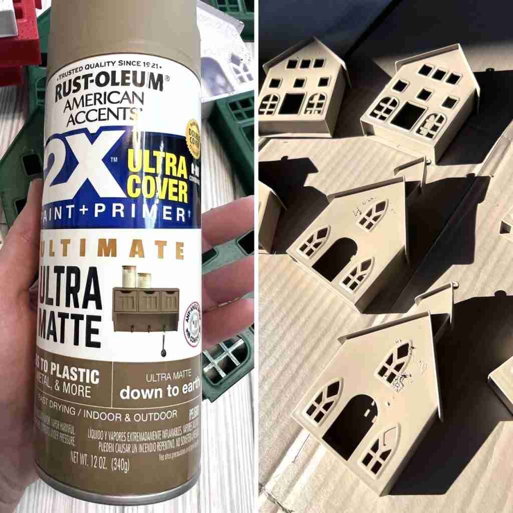 Dollar Tree plastic house ornaments painted with Rust-Oleum in color Down to Earth