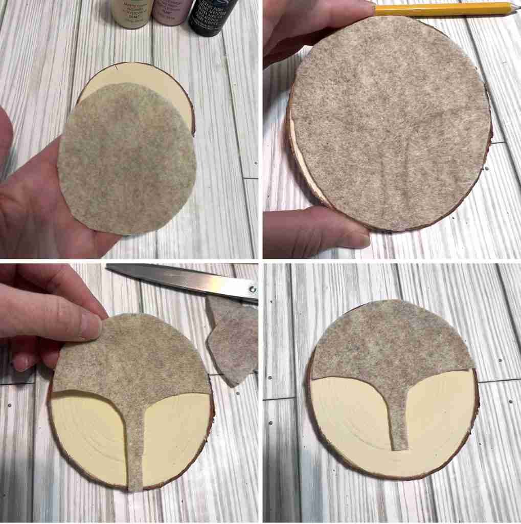 felt circle cut to fit on face of wood slice