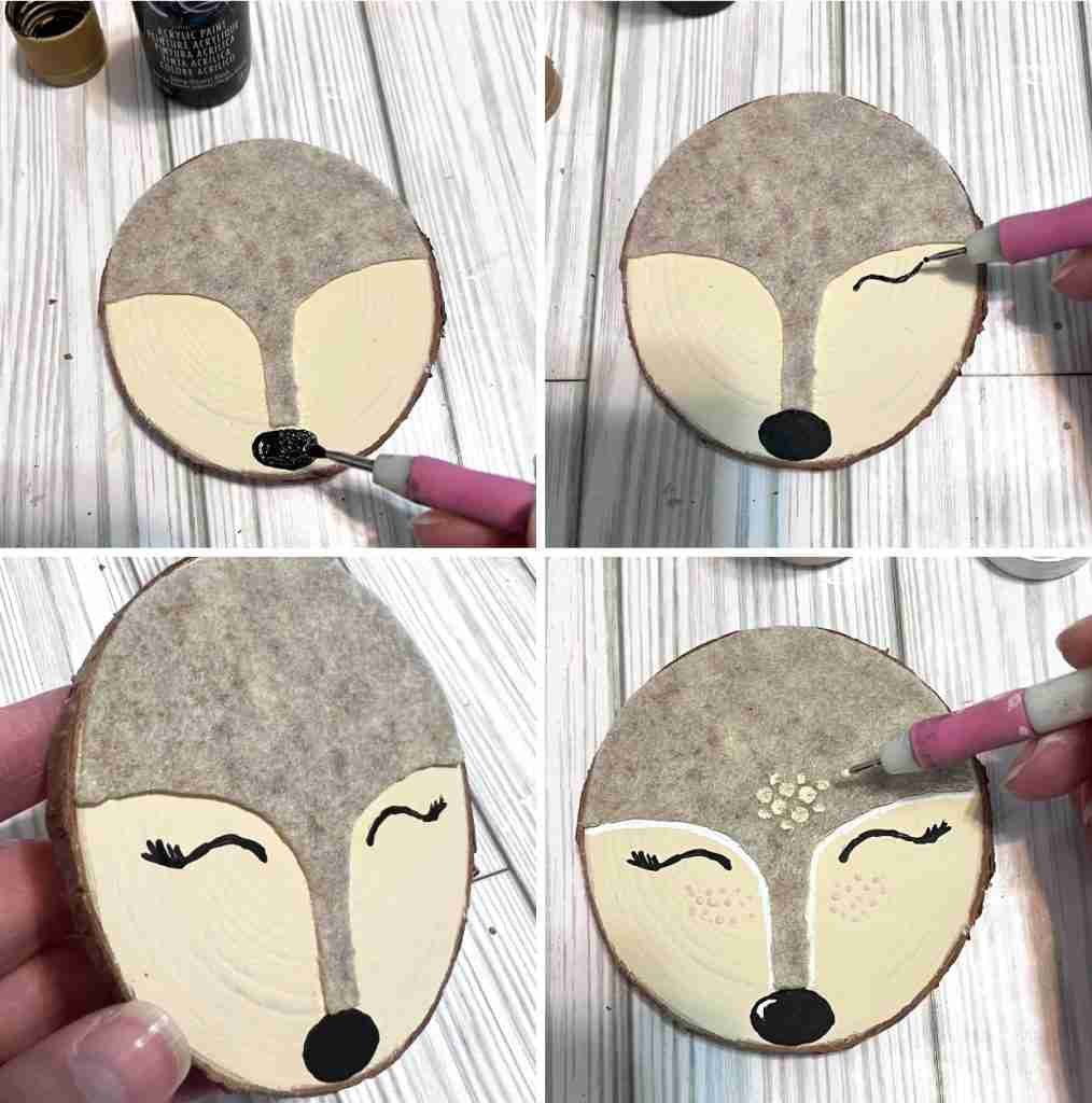 felt glued to the face of wood slice, eyes, nose, and freckles painted on