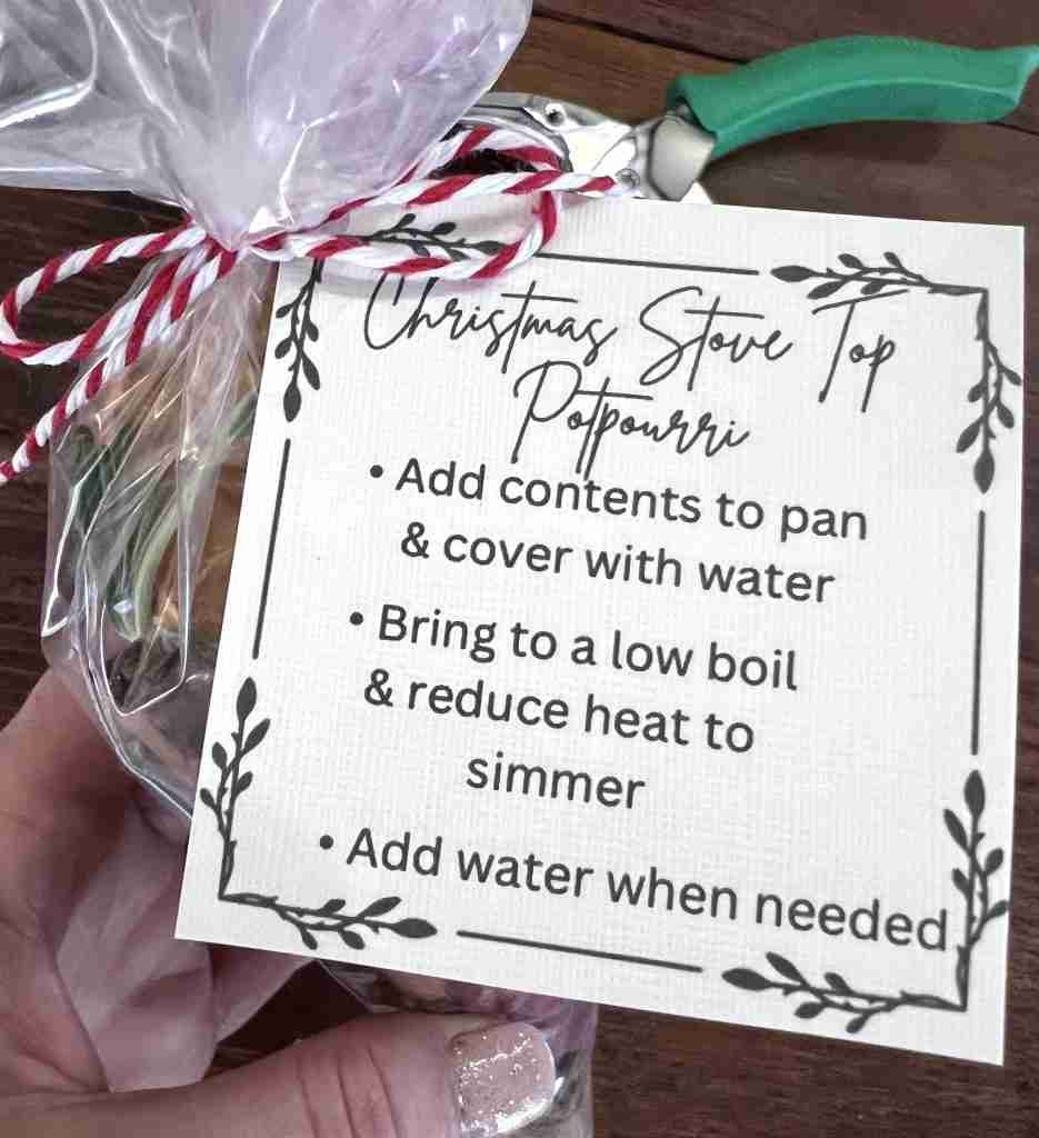 Christmastime Stove Top Potpourri packed in a pastry bag with tag attached