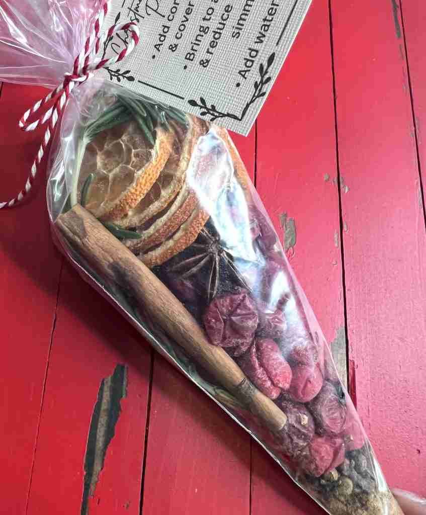 Christmastime Stove Top Potpourri packed in a pastry bag with tag attached