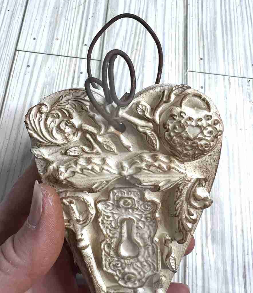 Wood Heart with Clay Embellishments and wire attached