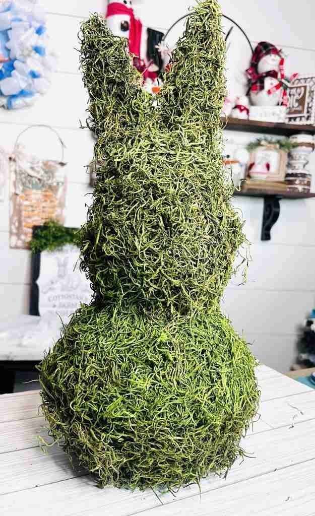 completed tabletop moss bunny shape covered in Spanish moss