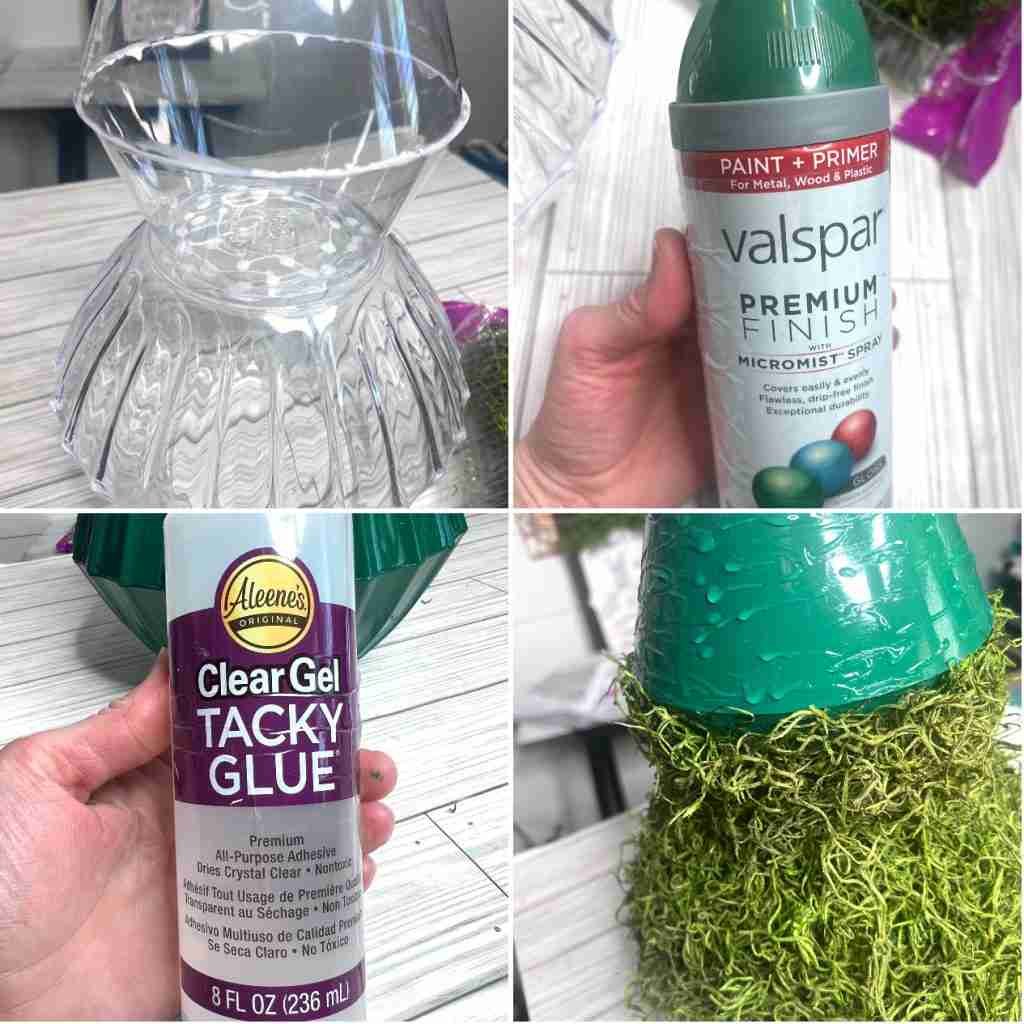 plastic bowls glued together, green spray paint, craft glue, moss glued onto plastic bowls