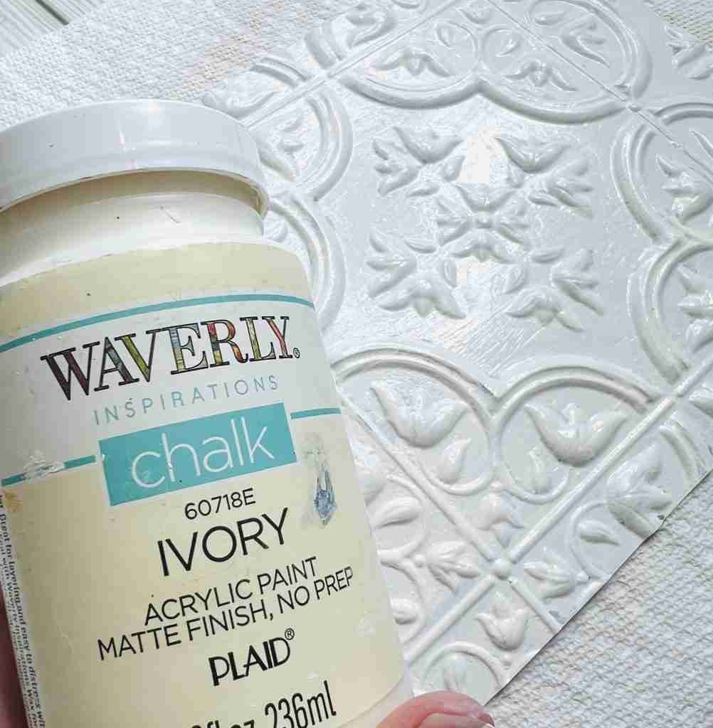 Dollar Tree self adhesive tile painted with Waverly Ivory paint