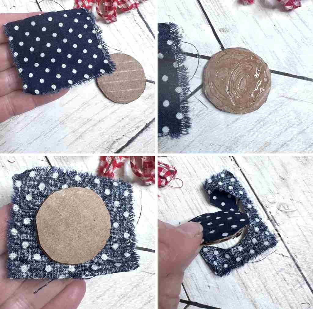 blue polka dot material glued onto smaller circle
