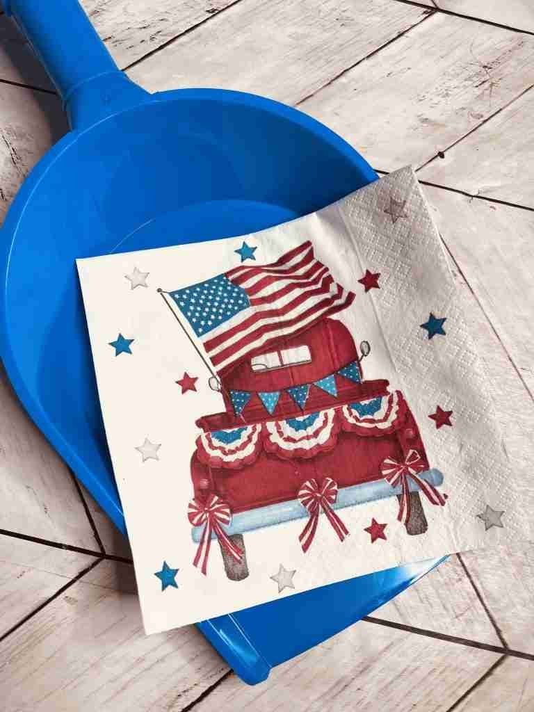 Dollar Tree plastic shovel and red truck napkin