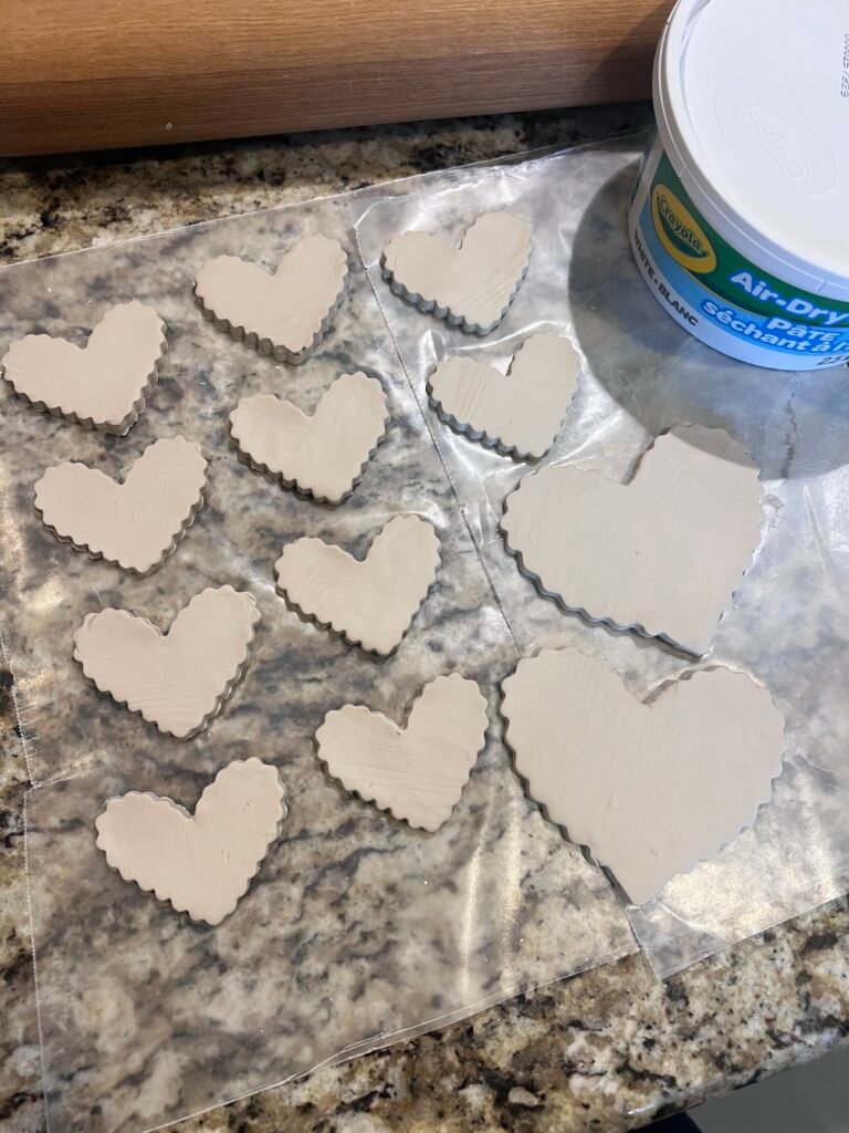Crayola Air Dry clay cut into hearts using metal heart cookie cutters