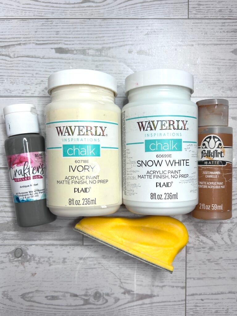 Waverly Chalk Paint in Ivory and Snow White, FolkARt paint in Cinnamon, and Crafter's Collection in Antique Nickel