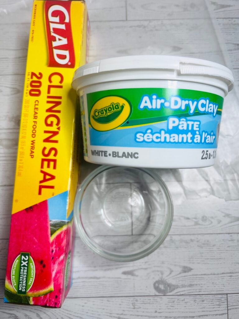 Crayola Air Dry clay, small glass bowl, plastic wrap