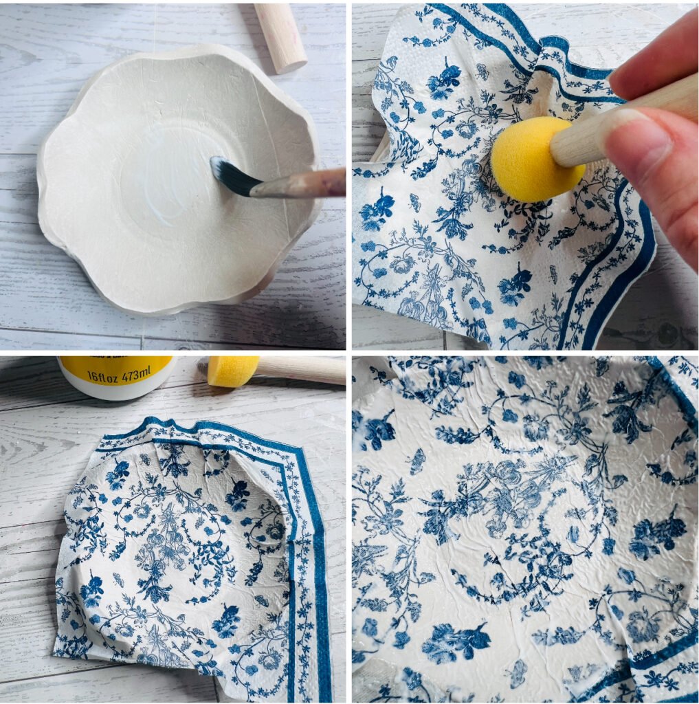 napkin ply applied to inside of clay bowl using Mod Podge