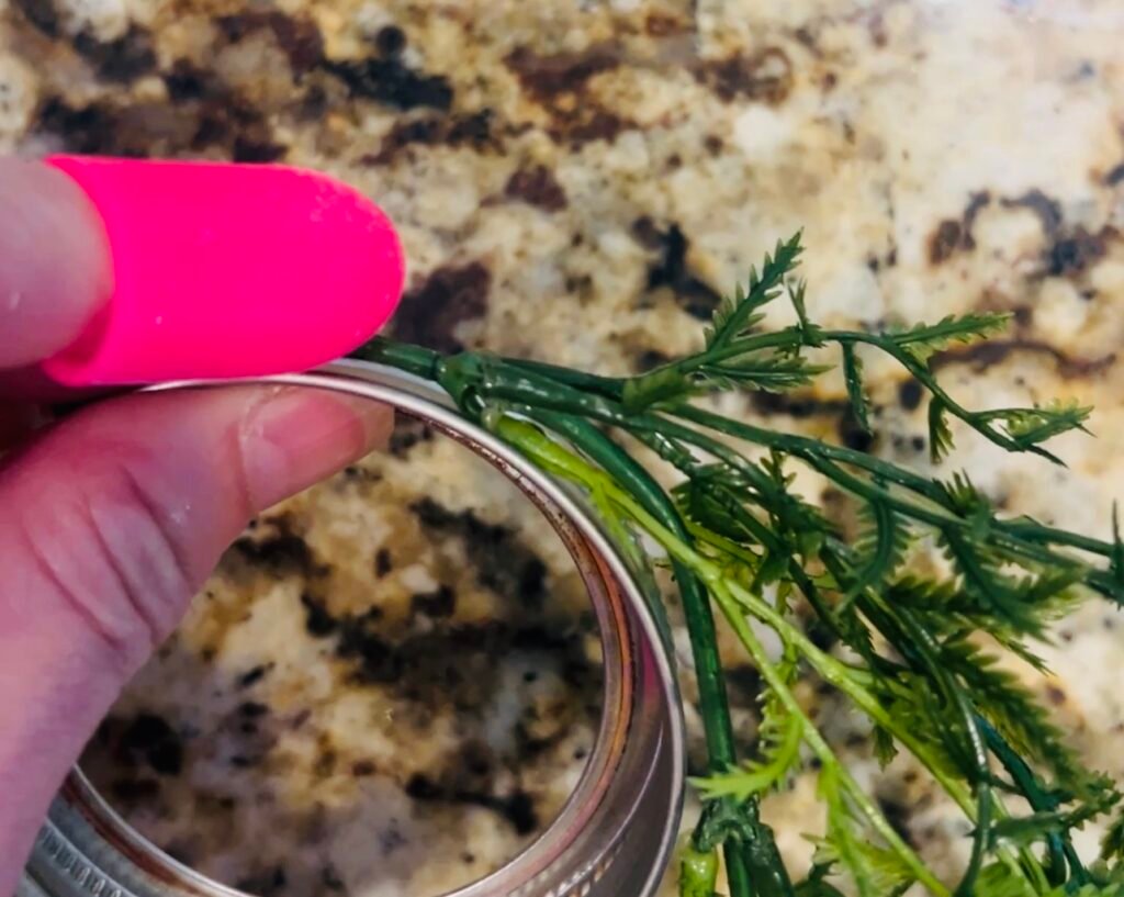 old canning ring with greenery hot glued onto outside